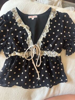 Bailey Rose Black Polka Dot Lace-Trim Peplum Blouse